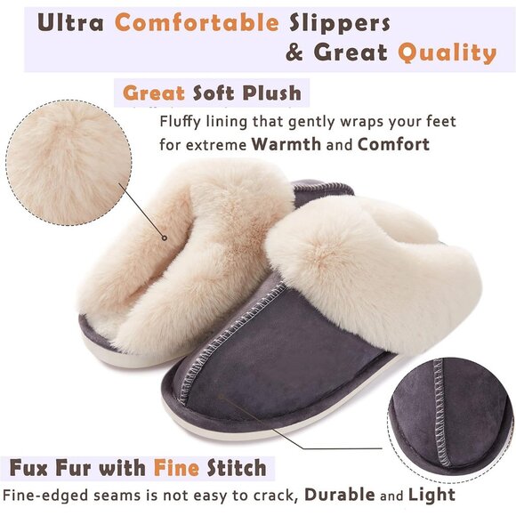 Women's Dark Gray Winter Warm Fluffy Cozy Memory Foam Slip On Slippers Shoes - Picture 4 of 6